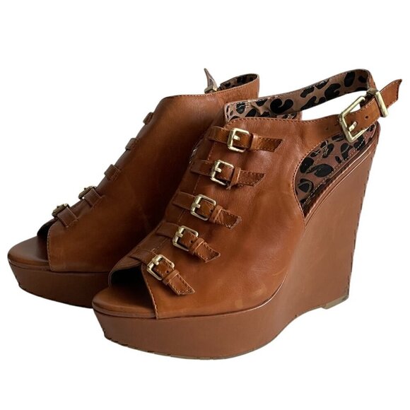 Jessica Simpson Shoes - Jessica Simpson Brown Leather Buckle Wedge Platform Sandals Size 7.5